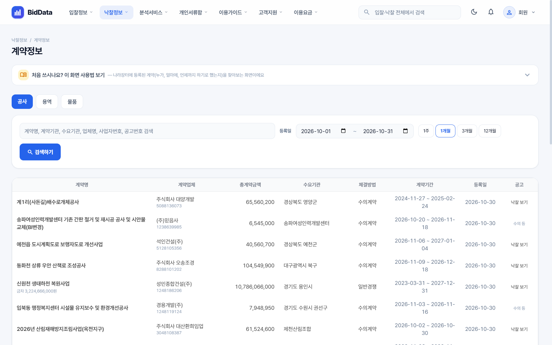 비드데이터 계약정보 목록 화면, 계약명·계약업체·총계약금액·수요기관·체결방법·계약기간