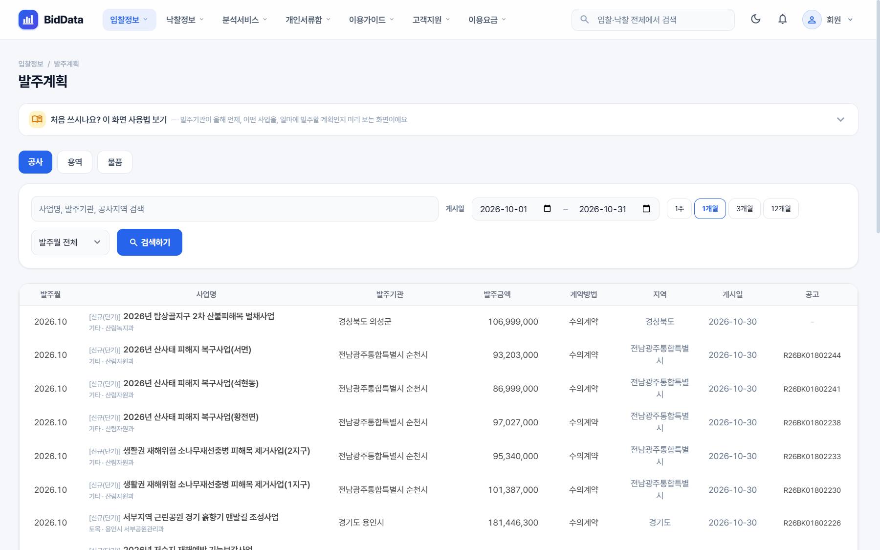 비드데이터 발주계획 목록 화면, 발주월·사업명·발주기관·발주금액·계약방법·지역