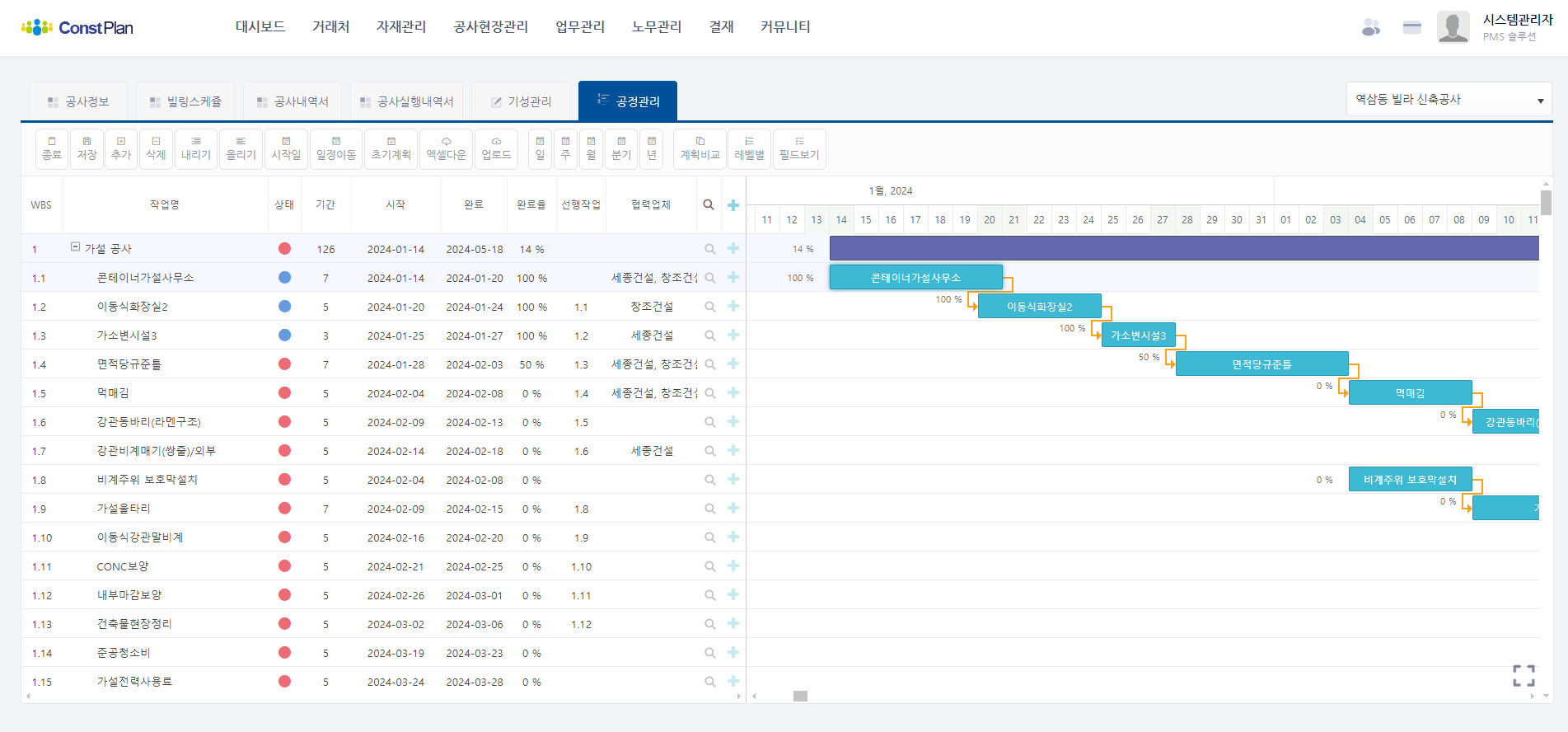 컨플랜 공정관리 화면